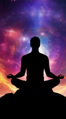 Nilüfer üzerinde meditasyon yapan bir adamın silüeti galaksinin önünde dikey arka plan videosunun önünde poz veriyor.