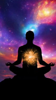 Nilüfer üzerinde meditasyon yapan bir adamın silüeti galaksinin önünde dikey arka plan videosunun önünde poz veriyor.