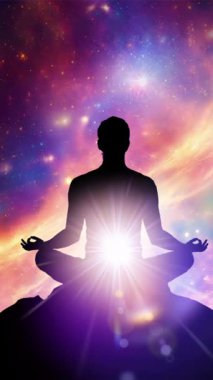 Nilüfer üzerinde meditasyon yapan bir adamın silüeti galaksinin önünde dikey arka plan videosunun önünde poz veriyor.