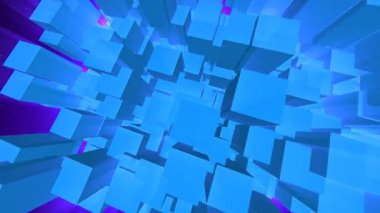 Geometrik mavi şekiller canlı bir mor arkaplana doğru yayılır
