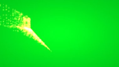 Parlayan geometrik bir şeklin parlak tasviri yeşil ekranda ışıldayan parçacıklar ile özetlenmiştir.