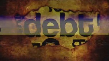 'Borç' kelimesine odaklanan sanatsal grafik, dokulu bir arkaplan üzerindeki hata etkileriyle sunuluyor