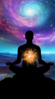 Nilüfer üzerinde meditasyon yapan bir adamın silüeti galaksi evrenine karşı dikey videoda poz veriyor.