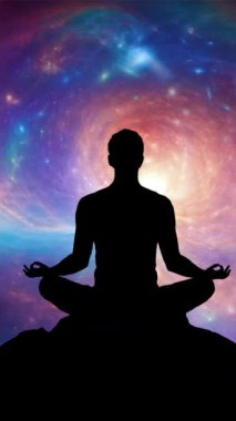 Nilüfer üzerinde meditasyon yapan bir adamın silüeti galaksi evrenine karşı dikey videoda poz veriyor.