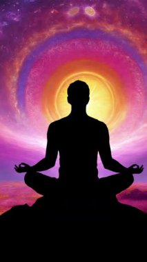 Nilüfer üzerinde meditasyon yapan bir adamın silüeti galaksi evrenine karşı dikey videoda poz veriyor.