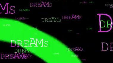 Pembe ve yeşil neon renklerde canlandırılmış 'rüyalar' terimini içeren büyüleyici bir kelime sanatı kompozisyonu.