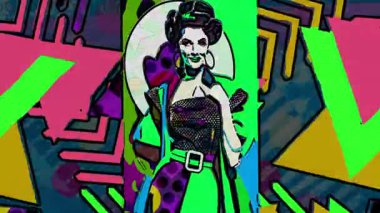 Renkli soyut sanat eserleri, etkileyici çizgileri ve canlı pop sanatından etkilenen stilize edilmiş bir kadını tasvir ediyor.