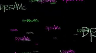 Pembe ve yeşil neon renklerde canlandırılmış 'rüyalar' terimini içeren büyüleyici bir kelime sanatı kompozisyonu.