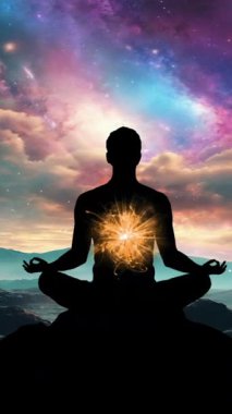 Yoga meditasyonundaki insan silueti, Hindu çakralarını enerji arka planındaki dikey videoya karşı vurguluyor