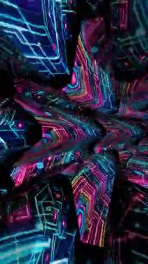 Parlak desenler ve büyüleyici ışıklarla dolu parlak neon bir tünel.