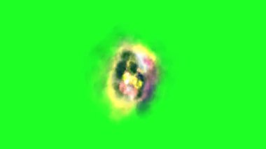Yeşil ekranda kıvrılan renkli enerjiyle canlı, soyut bir patlama.