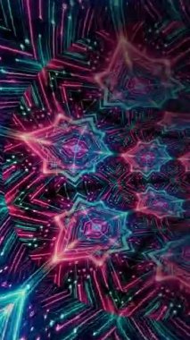 Parlak desenler ve büyüleyici ışıklarla dolu parlak neon bir tünel.