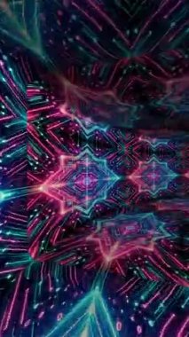 Parlak desenler ve büyüleyici ışıklarla dolu parlak neon bir tünel.