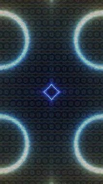 Renkli geometrik şekiller, bir ışık ekran dikey videosunda koyu bir arkaplanı aydınlatır