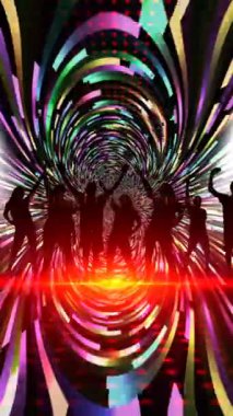 Fütürist Işık Gösterisi Ortamında Canlı Renklerle Grup Dansı dikey video