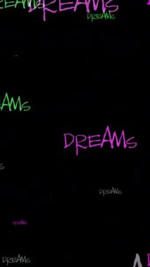 Pembe ve yeşil dikey videolardan oluşan neon renkli rüyalar terimini içeren büyüleyici bir kelime sanatı kompozisyonu