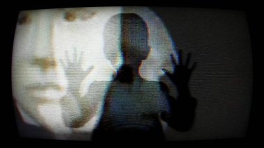 Silhouette of Child Behind Screen With White Mask Creates Mystery And Fear