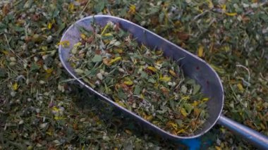Kuru yapraklı çay yığını. Yaklaş, sürgülü atış.