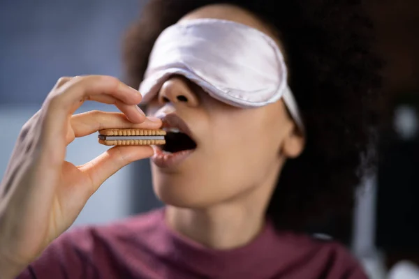 Portrait Blindfolded Young Woman Testing Food — Stok Foto