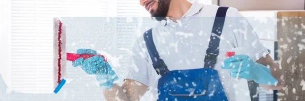 Janitor Cleaning Window Building Workplace Sanitation Service — Stock Photo, Image