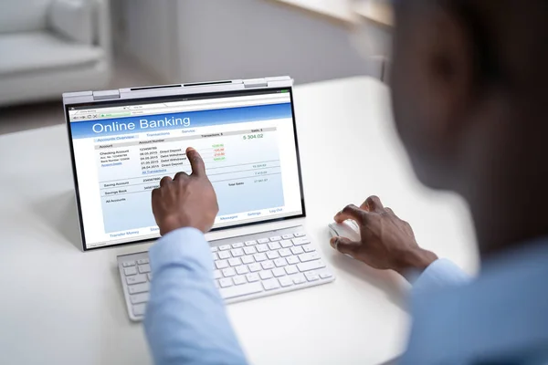 Young Happy African Businessman Doing Online Banking Computer Office — Stock Photo, Image
