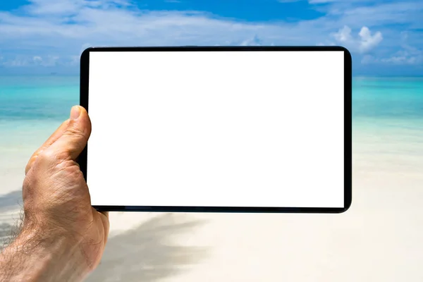 Hombre Usando Tableta Mientras Relaja Silla Playa —  Fotos de Stock