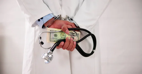 Medical Malpractice And Medicine Fraud. Healthcare Physician In Handcuffs