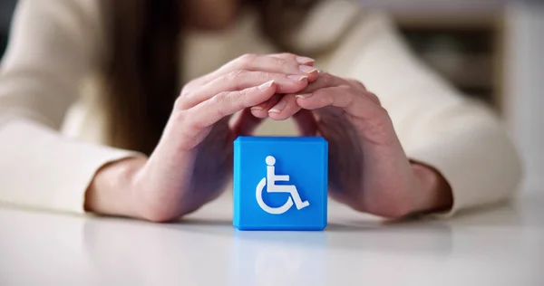Person Hand Protecting Blue Cubic Block Disabled Icon — Stok fotoğraf