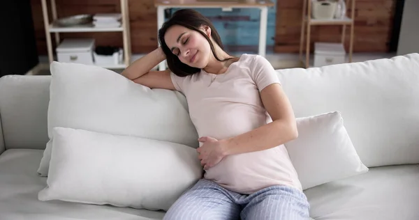 Lykkelig Ung Gravid Kvinne Som Sitter Sofa – stockfoto