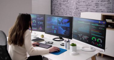 KPI İş Analitik Veri Kontrol Paneli. Analizci Bilgisayar Kullanıyor