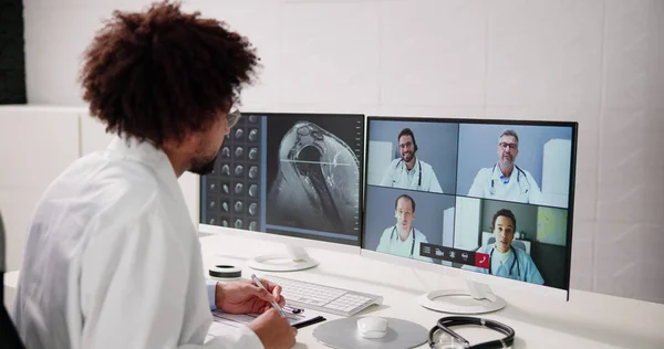 Läkare Online Videokonferens Medicinskt Webinar Dator — Stockfoto