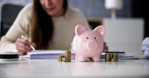 Financial Advisor Piggybank Money Saving Calculation — Stock Photo, Image