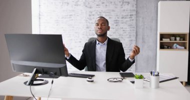 Healthy Yoga Meditation At Workplace. Meditating Business Man