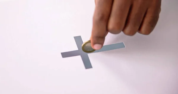 Hand Inserting Coin Crucifix Slot Donate Money — Stock Photo, Image