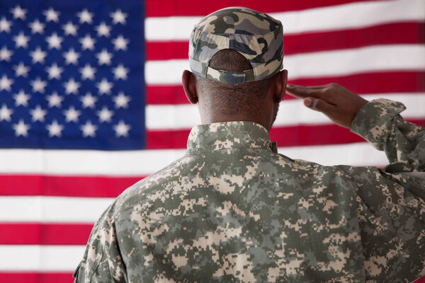 Rear View of Military Man Saluting Us Flag
