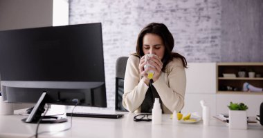 Office Employee Computer With Flu. Business Executive