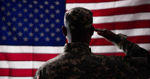 Rear View of Military Man Saluting Us Flag

