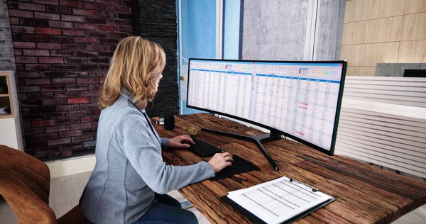Analista Datos Mujer Usando Hoja Cálculo Computadora —  Fotos de Stock