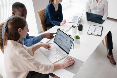 Financial Advisor Group Meeting Examining Analytics Dashboard