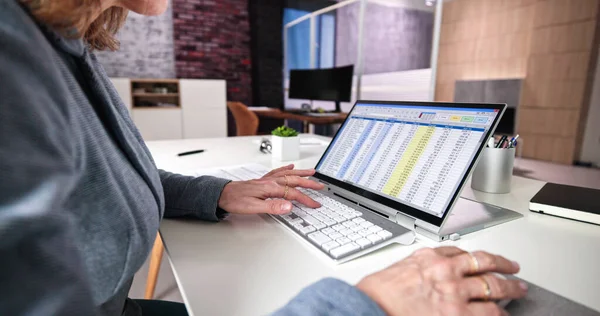 Electronic Spreadsheet Analyst Auditor Using Software Hybrid Laptop — Stock Photo, Image