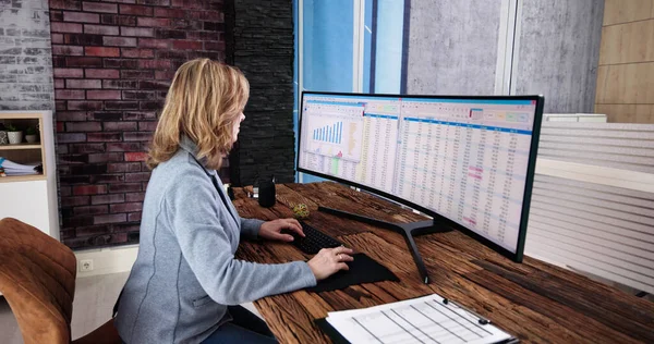 Data Analyst Woman Using Spreadsheet Computer — Stock Photo, Image