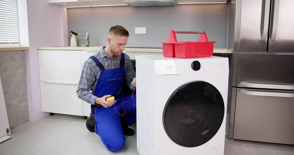 Washing Machine Repair Problem Man Fixing Appliance — Stock Fotó