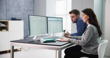 Erkek ve Kadın Denetçiler İş Yeri 'nde Faturayla Bilgisayarda Çalışıyor