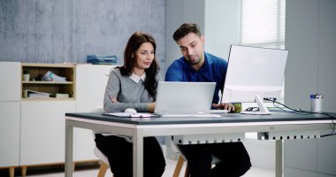 Hybrid Laptop At Workplace In Office. Training On Computer