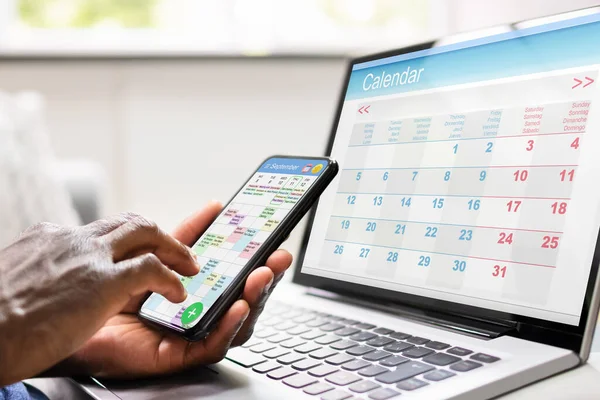 Planejador Agendamento Nomeação Calendário Data Laptop Telefone — Fotografia de Stock