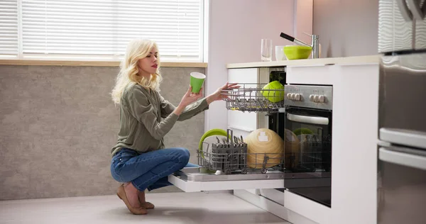 Young Woman Taking Drinking Glass Dishwasher Kitchen — Stock Photo, Image