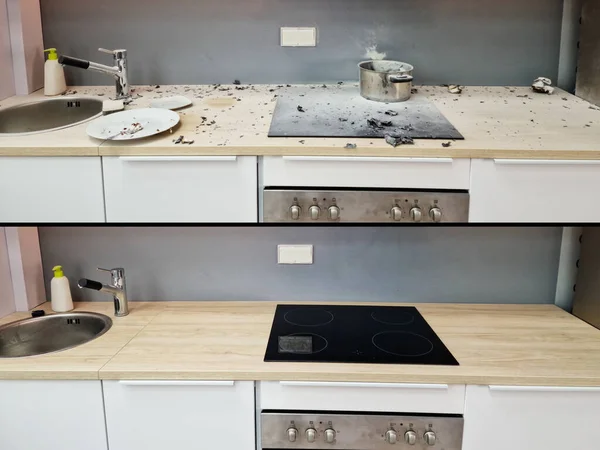 Υπηρεσία Οικιακού Πλυντηρίου Βρώμικη Κουζίνα Μετά Καθάρισμα Μαγειρική Κάψιμο Ατύχημα — Φωτογραφία Αρχείου