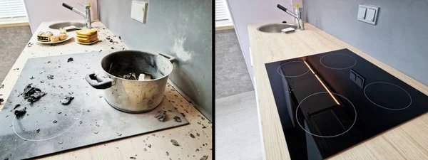 家庭用洗濯サービス 掃除後の汚いキッチン 火入れ事故 — ストック写真