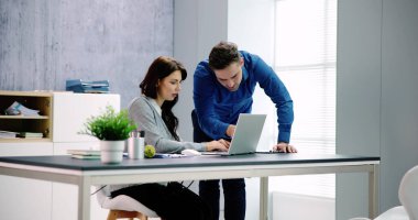 Bilgisayarda eğitim gören iş adamları. Ofisteki Genç Kadın