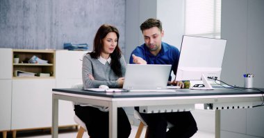 Hybrid Laptop At Workplace In Office. Training On Computer